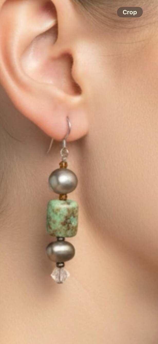 Vintage Sterling Silver African Turquoise Jasper and Pearl Drop Earrings